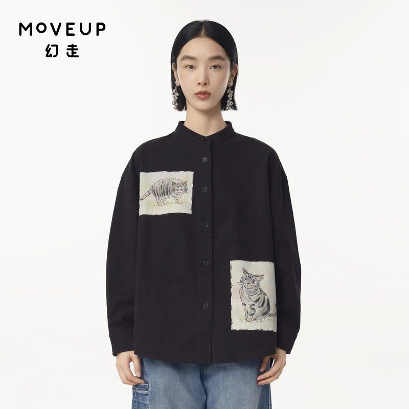 MOVEUP幻走2024秋季新款.FUN 纯棉猫咪印绣中长款衬衫女324420416