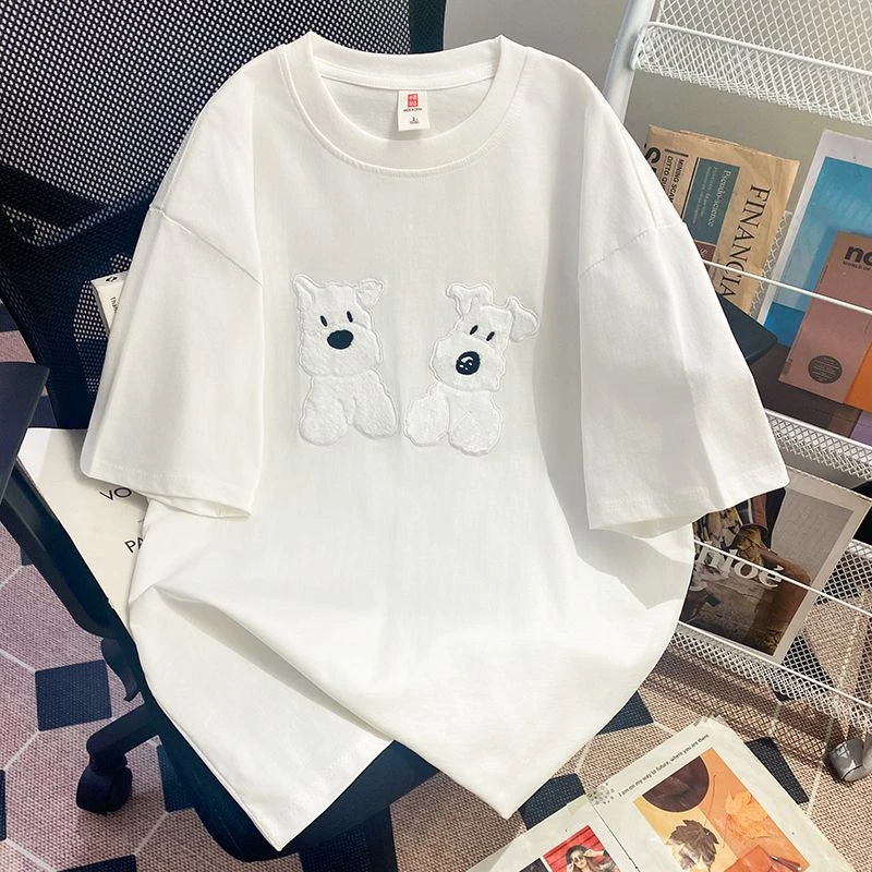 大码女装2025新款夏季宽松刺绣小狗短袖t恤女今年流行的漂亮上衣