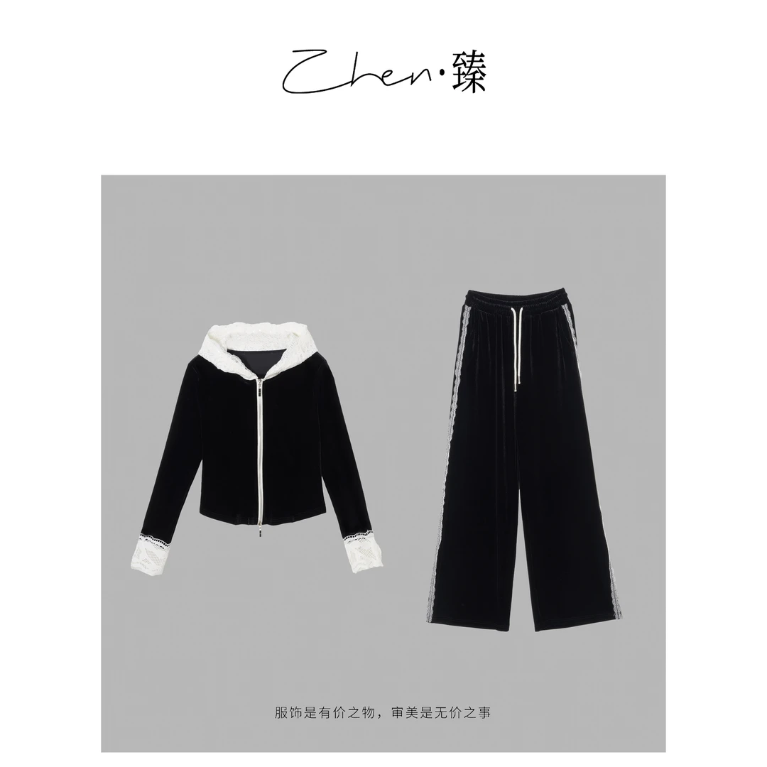 ZHEN.臻  老钱蕾丝连帽时尚运动卫衣外套+休闲裤两件套装TZ8657Z