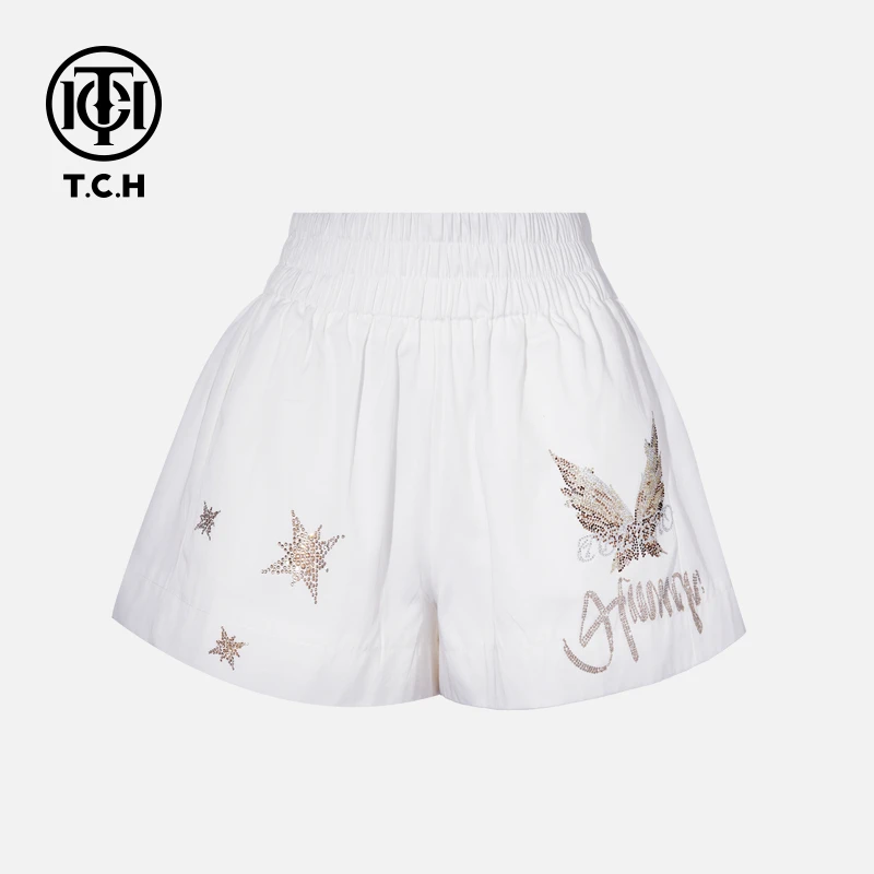 TCH轻奢烫钻工艺时尚休闲百搭经典翅膀短裤女T75B21E1007私服tch