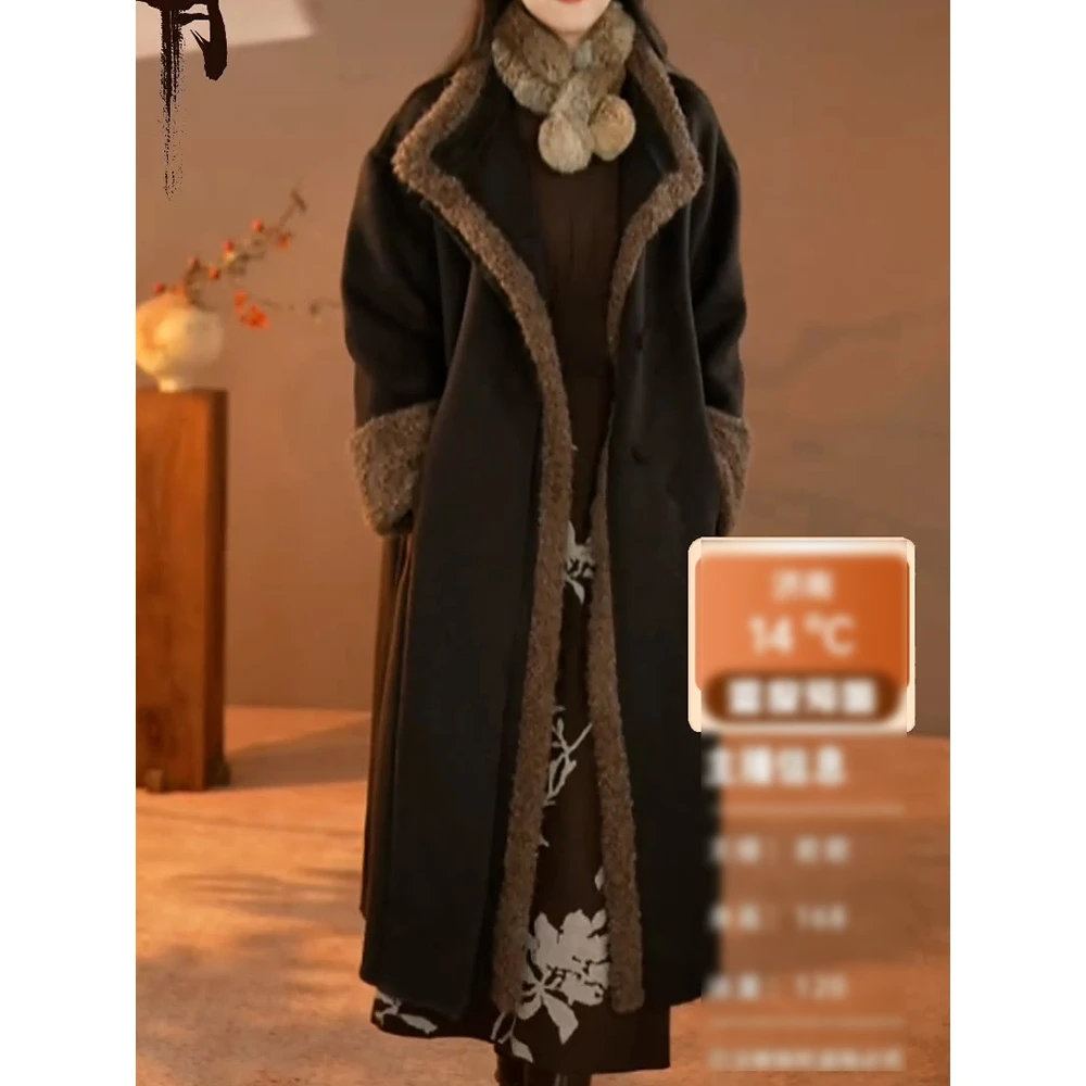 高档时尚洋气复古毛呢外套2025冬季新款毛毛拼接加厚保暖长款大衣