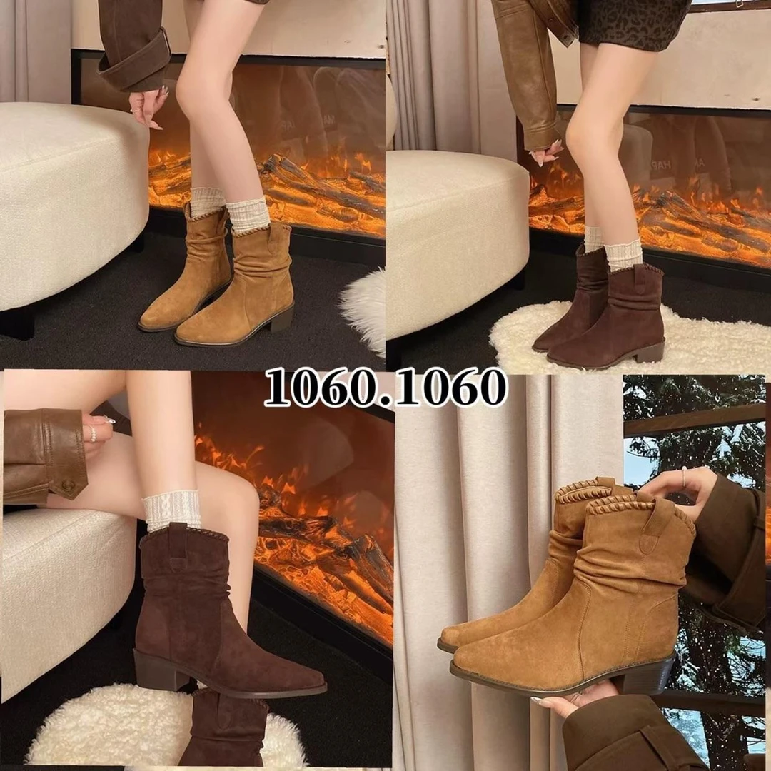 1060英伦风气质百搭付尖头粗跟时装靴