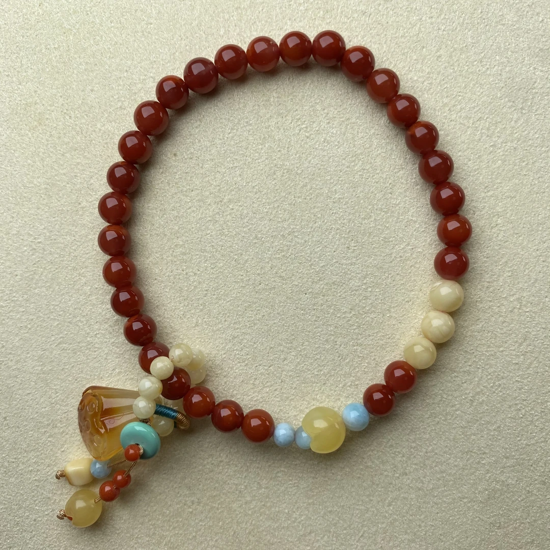 瓦西玫红牛血红双色南红手链Y050D