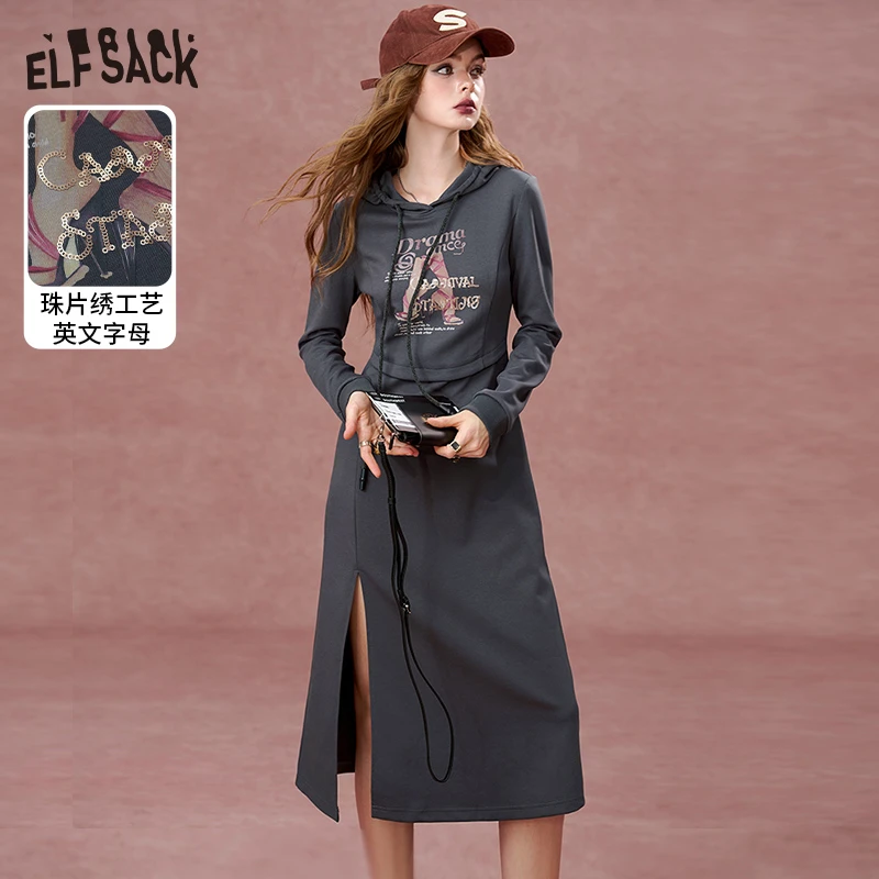 妖精的口袋朋克情人连帽印花长袖卫衣连衣裙收腰裙24300054