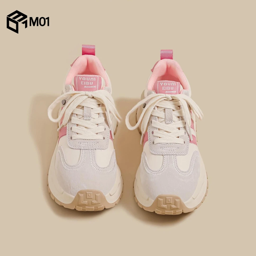 M01秋季新款厚底阿甘鞋女粉色条纹爆款松糕运动老爹鞋华夫休闲鞋