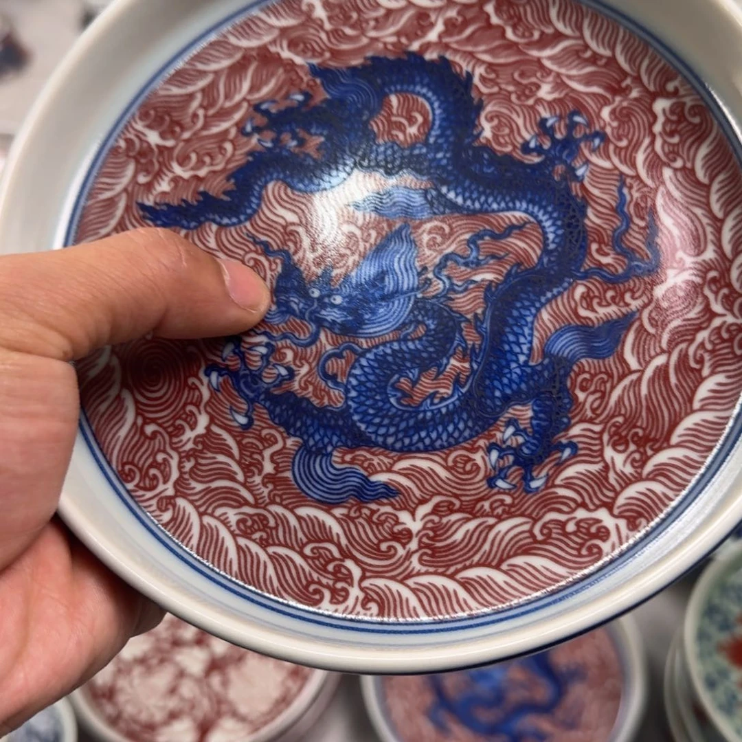 摆件釉里红海水龙大壶承微瑕