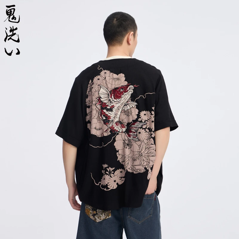 ONIARAI/鬼洗25年泥棒蓝腾鲤刺绣休闲宽松短袖衬衫外套N740028