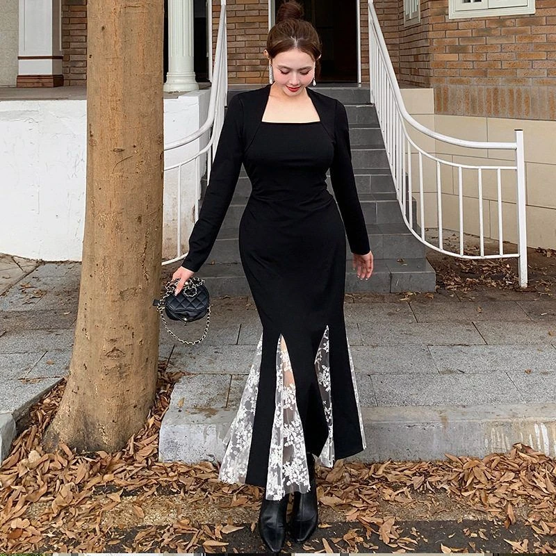 200斤高级感鱼尾蕾丝女装小众法式修身2006裙复古大码显瘦拼接