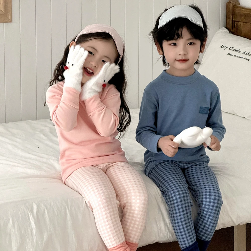 【笑笑专属】【顾奈】儿童提花格保暖内衣套装青少年秋衣秋裤亲子家居