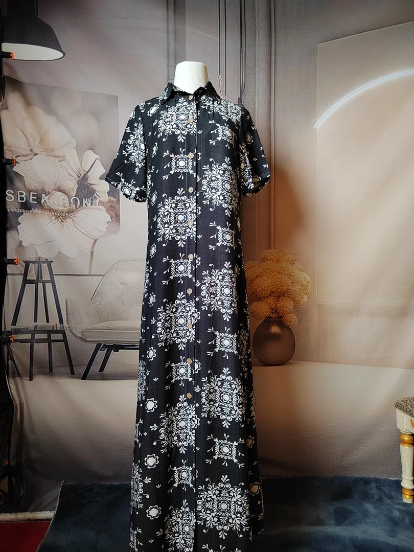 宽松腰夏季蕾丝气质连衣裙中式中袖时尚女装单排多扣印花