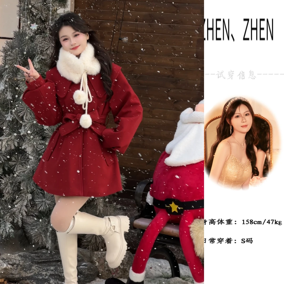 【圣诞精灵】2024冬季新款带毛领名媛气质通勤小众设计大衣外套女