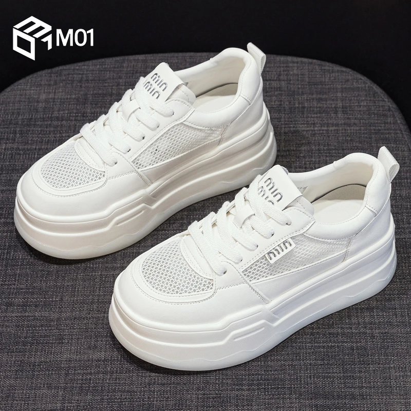 M01网面小白鞋女2025新款鞋子女夏季透气百搭厚底增高休闲运动鞋