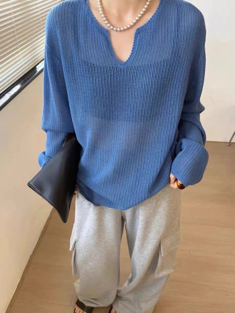 独特超好看韩系松弛感V领宽松针织衫女2025夏季新款薄款上衣罩衫