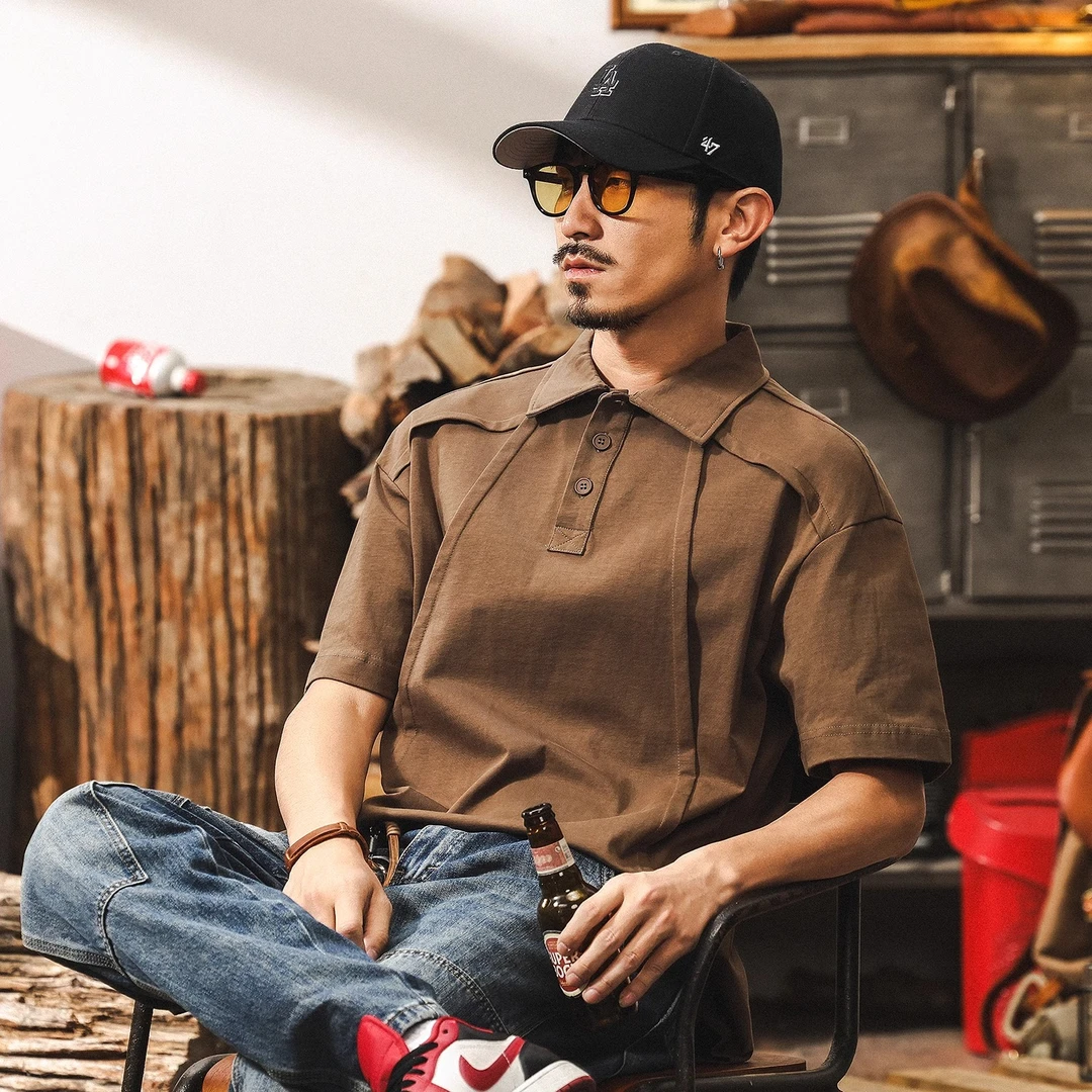 美拉德复古凉感polo衫男重磅纯棉短袖夏季宽松潮牌翻领t恤上衣男