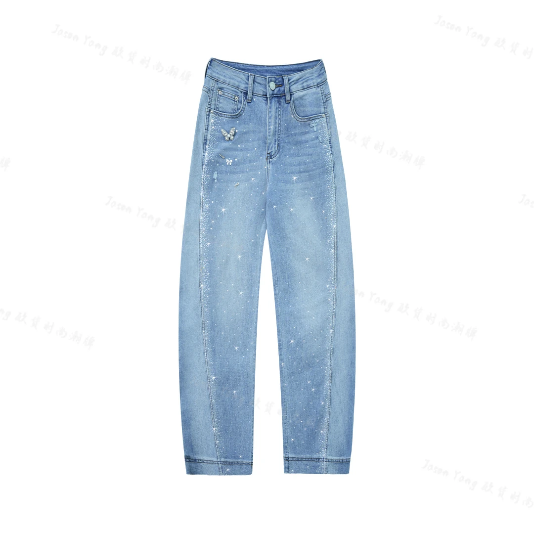 设计款欧货重工钉珠蝴蝶直筒弯刀牛仔裤夏季新款宽松百搭阔腿裤女