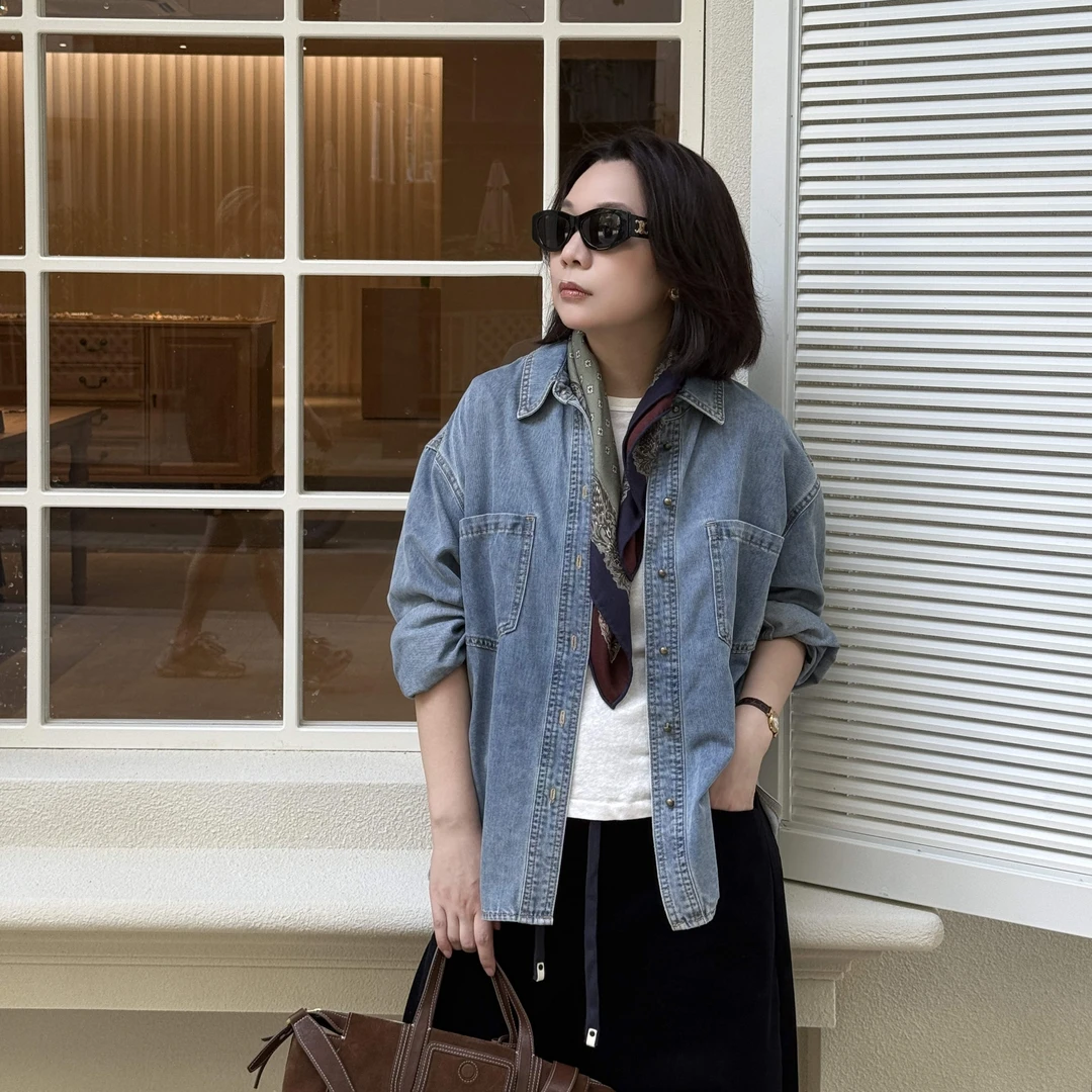 Ms.Qnn“铜扣丹宁”复古色显瘦设计感水洗软牛仔外套衬衫39C679 Q姐