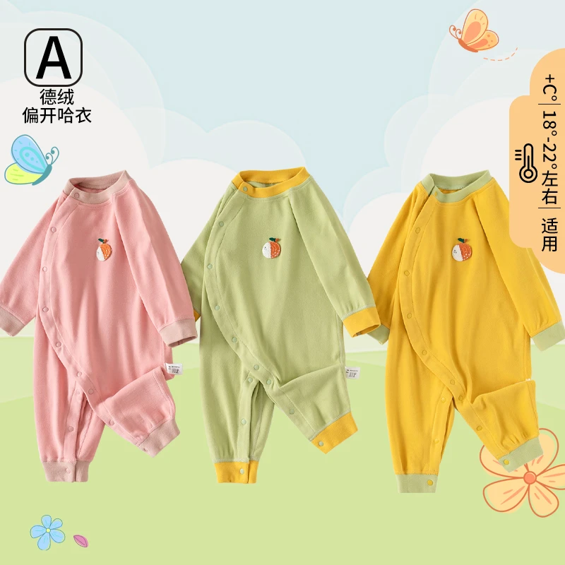 秋冬季男女宝宝偏开连体衣德绒材质睡衣无骨加厚保暖新生婴儿爬服