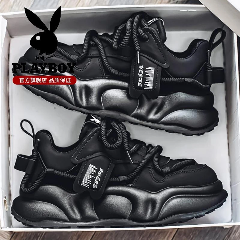 花花公子男鞋春夏款皮面防水防滑运动鞋厚底增高休闲黑武士老爹鞋