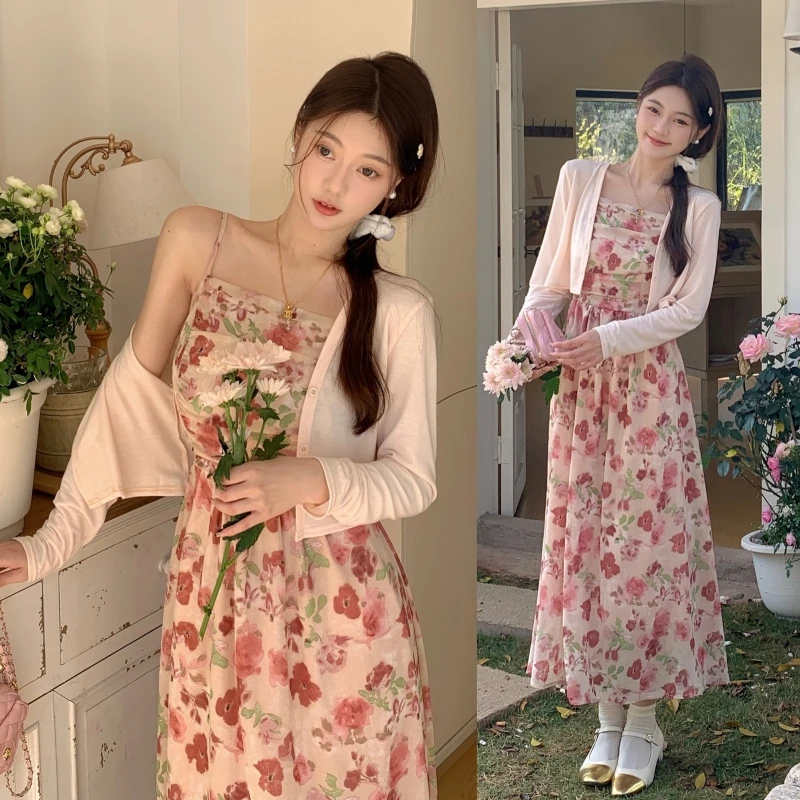 孕妇装新款春装碎花雪纺吊带裙杏色开衫