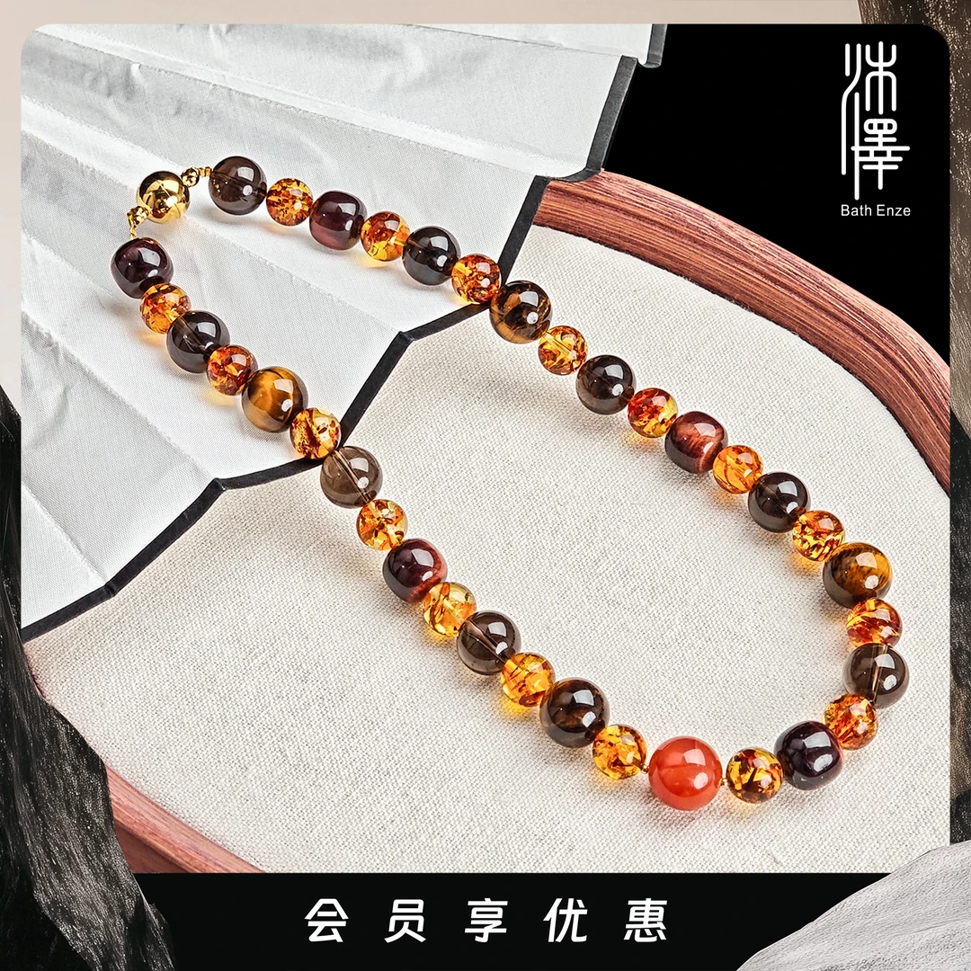 沐泽【卢浮拾光】秋日慵懒虎眼石花珀多宝项链（多样性发其一）