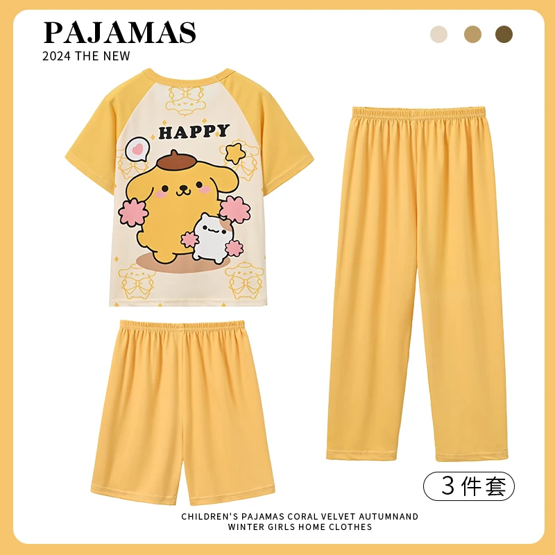 女童睡衣夏季短袖长裤棉质布丁狗卡通女孩三件套薄款空调房家居服