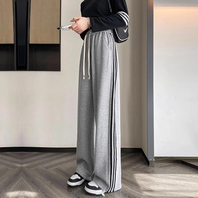 灰色条纹阔腿裤女春秋2025新款高腰垂感运动裤宽松直筒休闲卫裤子
