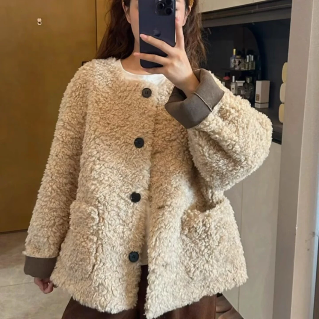 2025秋冬新款皮毛一体外套女韩版宽松百搭休闲夹克女冬季