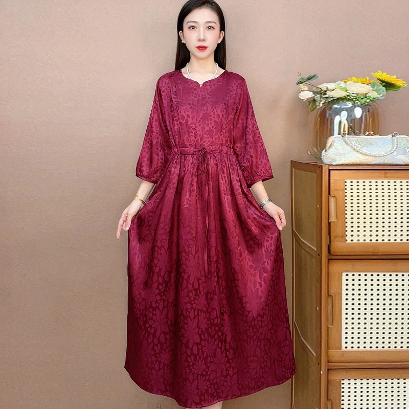 红色满罗腰绳 气质中长款时连衣裙百搭遮肉裙子