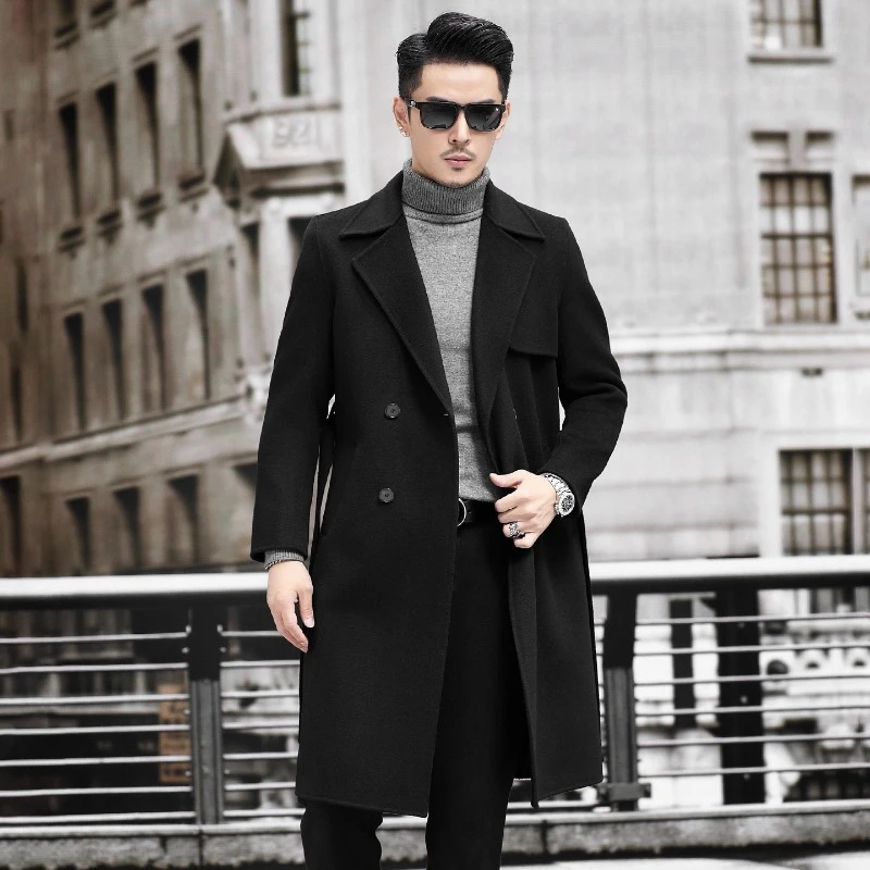 BALEYSWO大衣长款过膝风衣呢子男双面呢外套双排扣新款男毛呢外套
