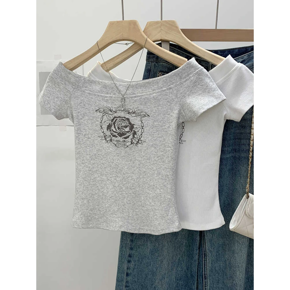 奥特莱斯~撤柜!一字领辣妹露肩t恤女夏季收腰显瘦短款小个子上衣