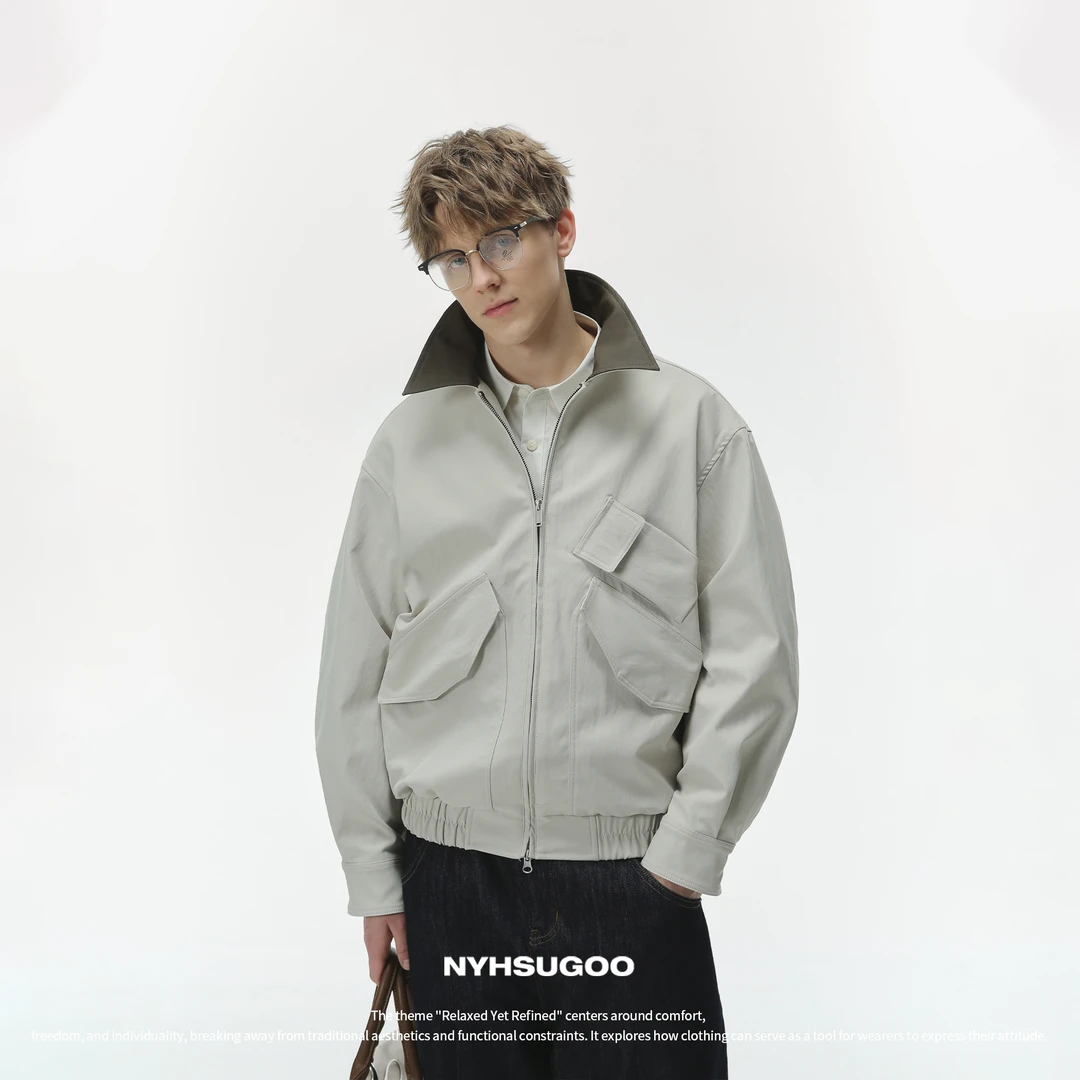 NYHSUGOO/南乙3511男士25年春季新品撞色皮领休闲多口袋夹克复古