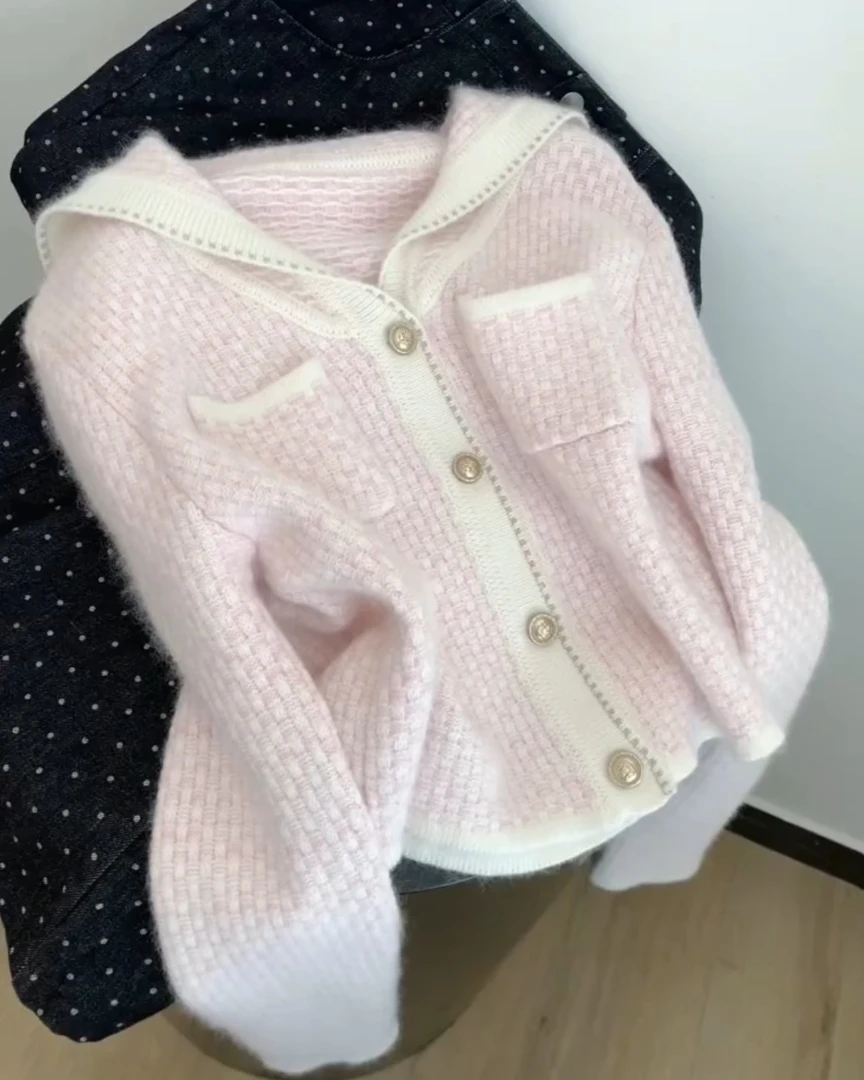 粉色甜美小香风海军领针织衫外套女秋冬小众气质外穿毛衣开衫上衣