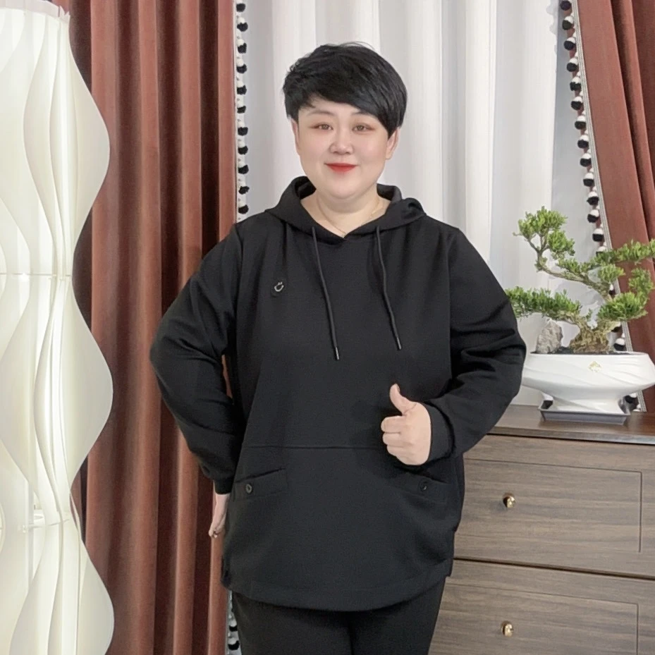 秋季新款132大码女装时尚连帽长袖纯色休闲百搭宽松韩版舒适卫衣