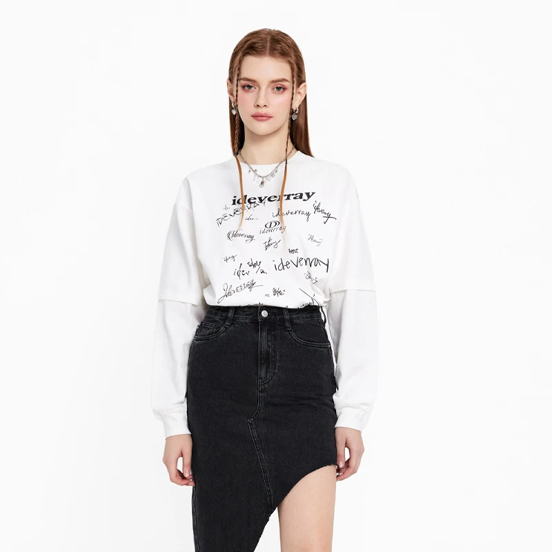 IDeverRAY【欧若风】秋季假两件长袖t恤男女宽松纯棉打底衫上衣