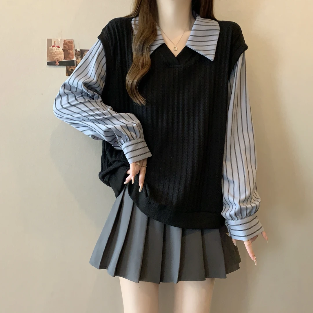 【现货】大码长袖针织衫女秋季新款条纹撞色假两件宽松上衣-2575