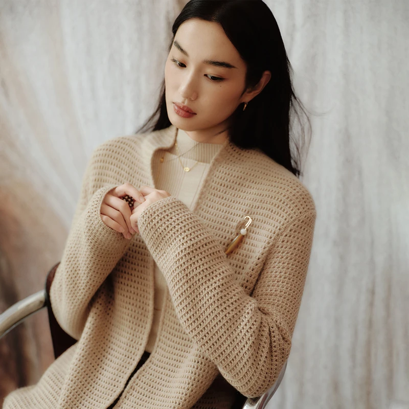 EP雅莹高端系列 精纺格纹羊绒衫长款针织开衫 秋装新款9117A