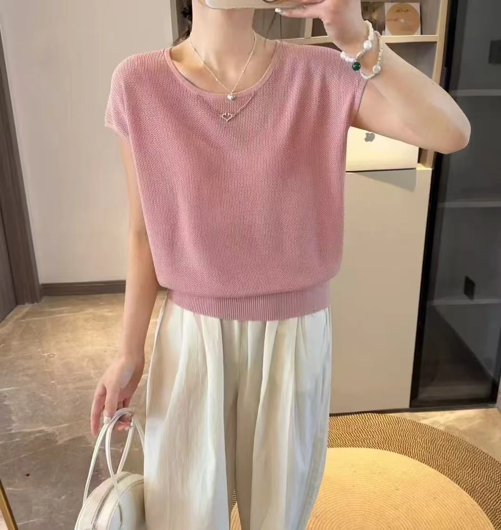1906《垂柔凉滑》韩系镂空链条装饰薄款针织衫短袖T恤女夏小衫上衣