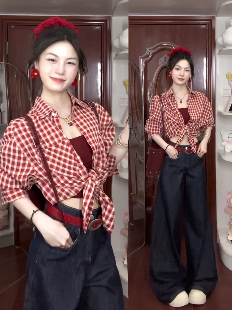 复古红色格子polo领防晒衬衫外套女夏季气质宽松衬衣港味chic上衣