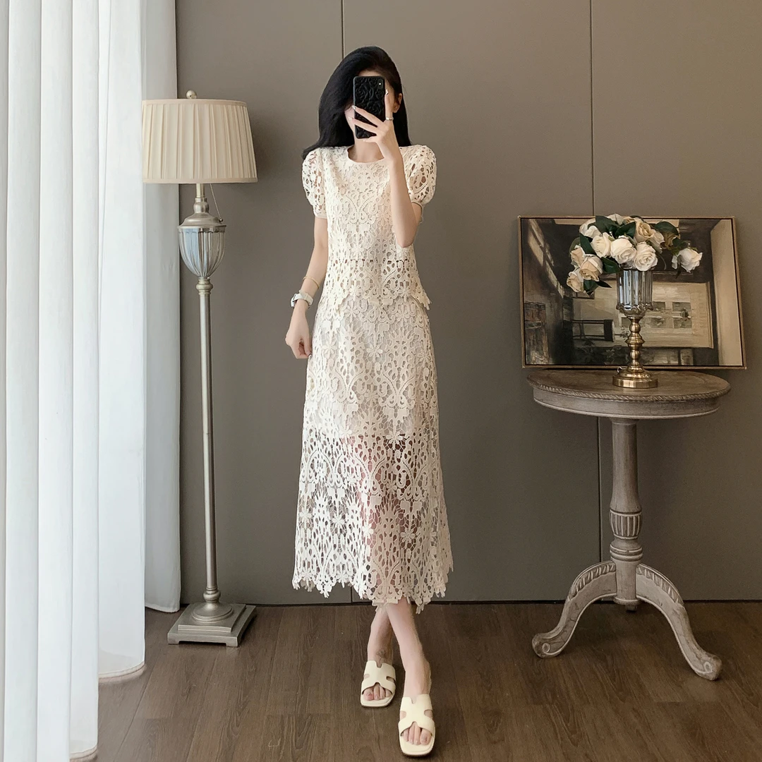 女装时尚气质套装裙显瘦减龄洋气高级感蕾丝镂空短袖半身裙两件套