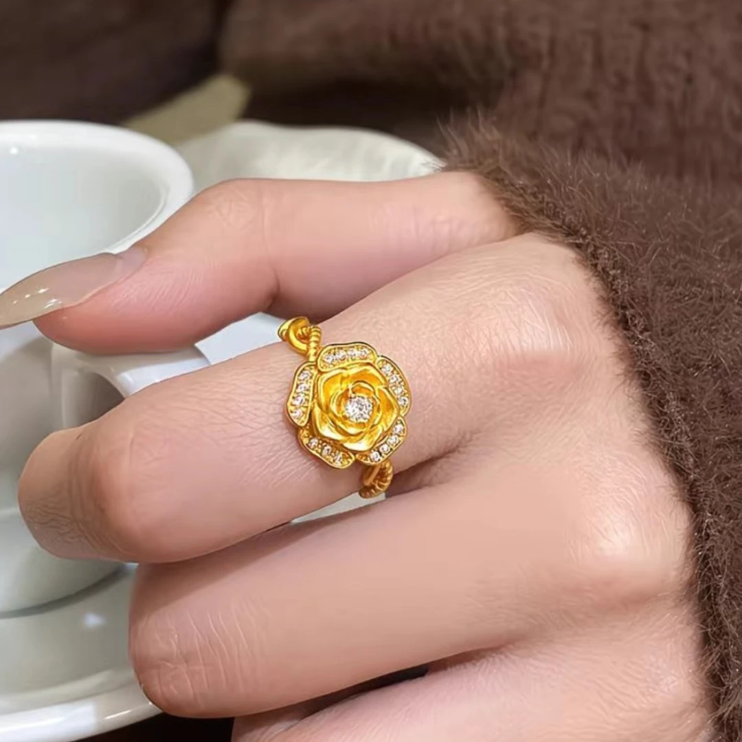 合金戒指 ins风点钻奥黛丽玫瑰戒指女复古甜美人间富贵花百搭