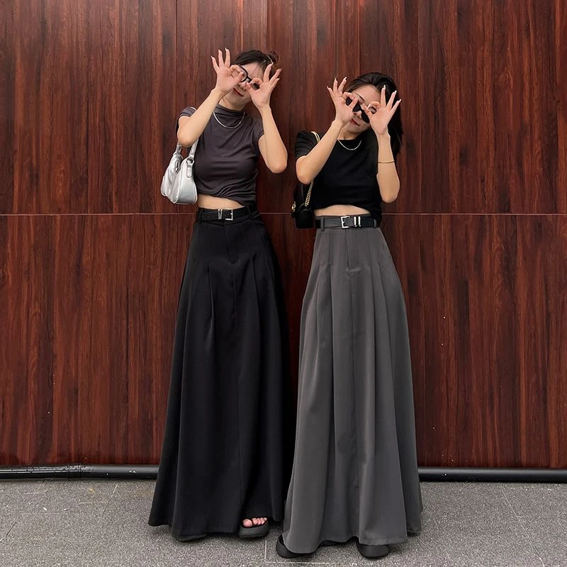 气质西装半身裙中长款秋季高腰字显瘦腰带大摆百褶裙显瘦半身黑色