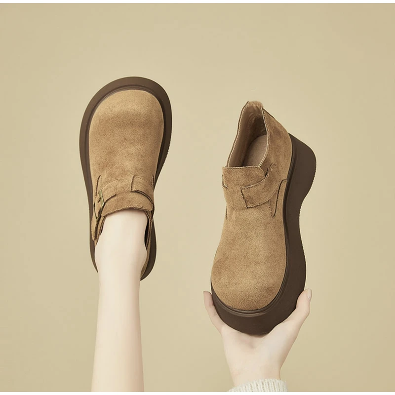 2025春季新款勃肯高级感软底增高厚底乐福鞋皮带扣魔术贴百搭女鞋