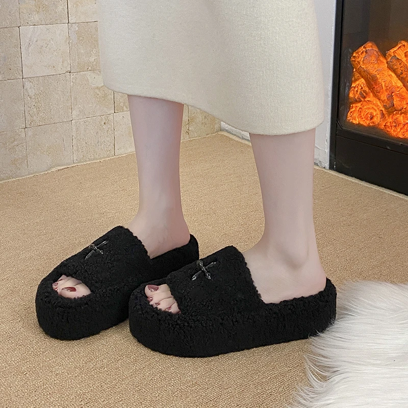 厚底毛毛鞋外穿女鞋子2025年秋冬新款简约百搭加绒保暖一字棉拖鞋