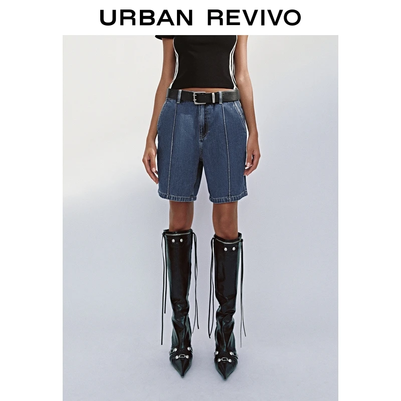 UR2025秋季新款女装休闲复古水洗腰带中裤牛仔裤UYV850108