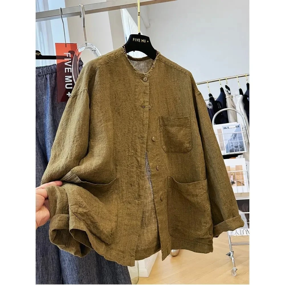 大码高级感复古亚麻毛边衬衣秋季时尚新款复古洋气百搭宽松休外套