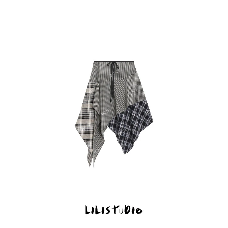 PCNY「文艺序曲」不理理秋季新款女装时尚设计感格纹拼接半身裙