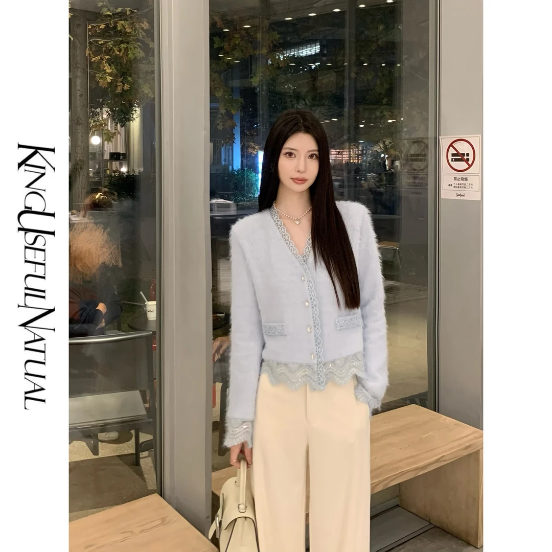KUN【冰蓝梦境】高级冰河蓝 银丝云星绒花边精致钻扣优雅风v领上衣