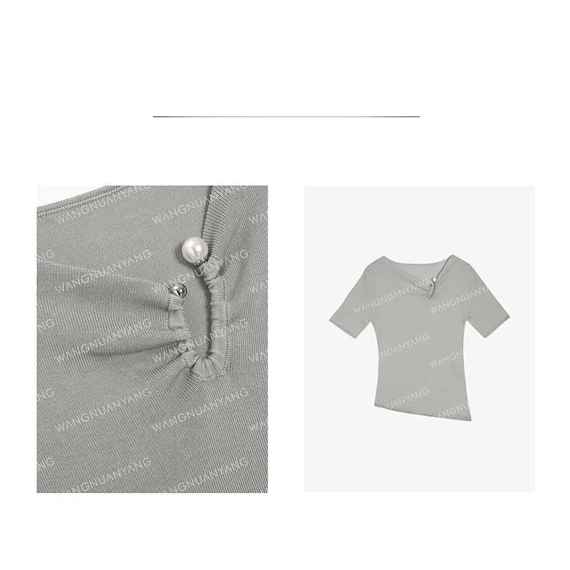 温柔有力量|夏季设计感U型珍珠拉扣收皱领口修身短袖针织衫