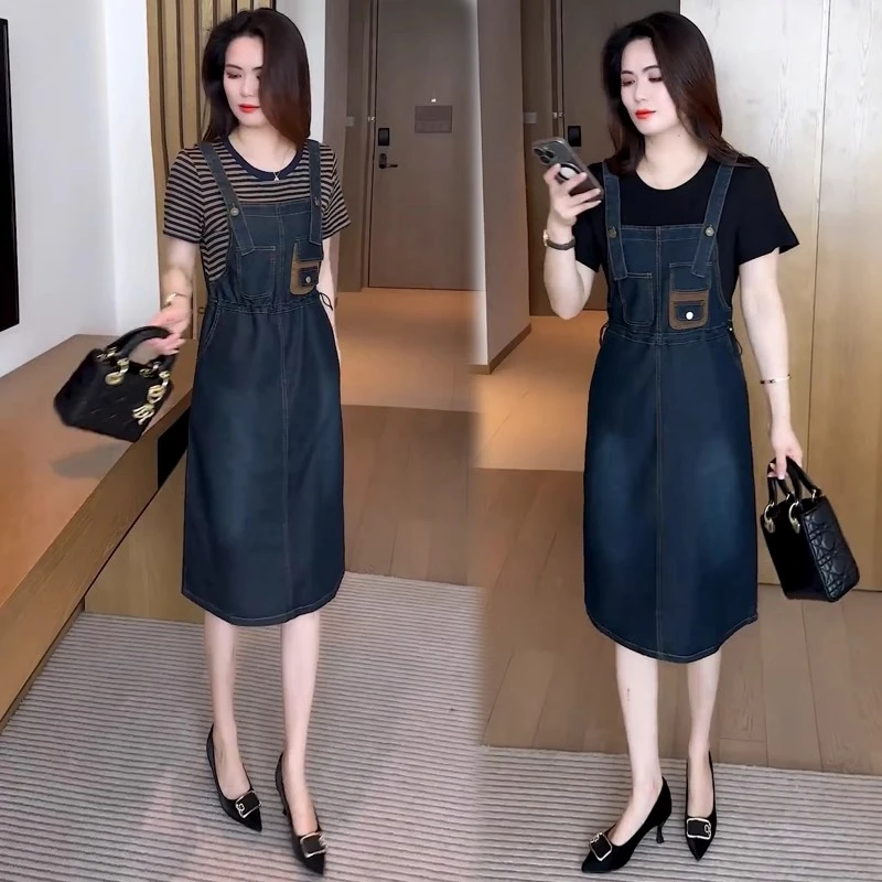 假两件拼接连衣裙女士短袖2025年夏季新款背带裙中长款a字裙显瘦