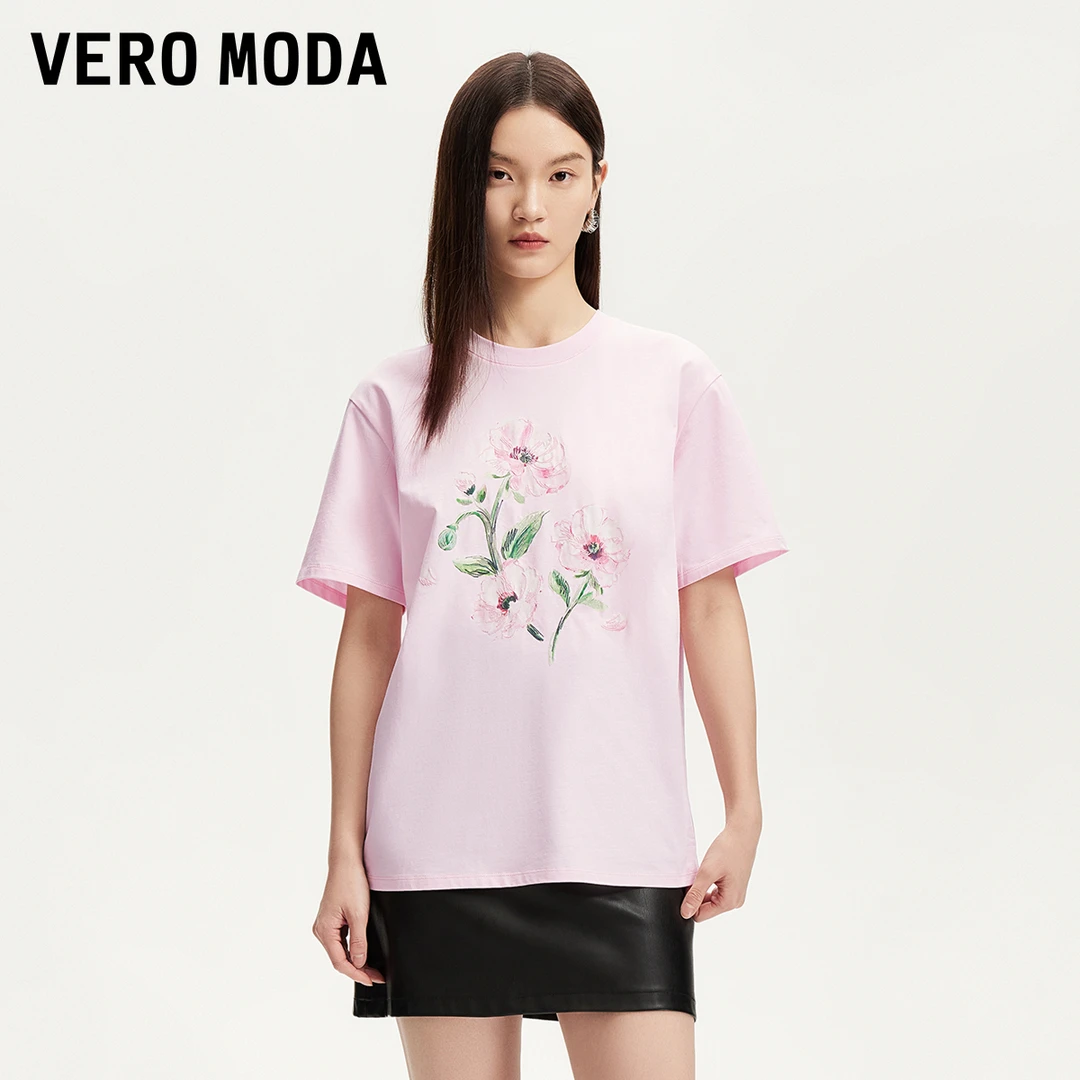 Vero ModaT恤女2025夏季新款圆领花形图案基础短袖休闲运动上衣